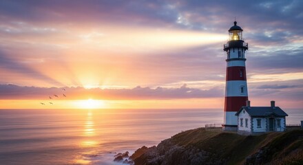 Coastal beacon glowing at sunset painting a serene and picturesque seascape