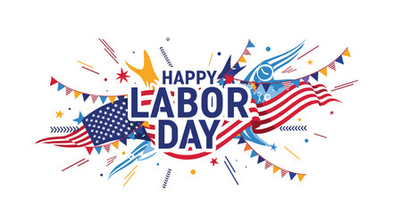 Happy Labor Day Celebration with American Flags and Decorations.