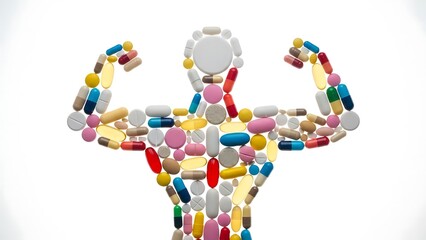 Muscular bodybuilder shape made from pills and capsules isolated on white