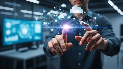Man interacting with a digital interface displaying cloud computing and network connections in a modern office environment showcasing technology integration