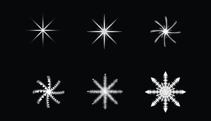 Set of White Glow Starburst and Light Sparkle Effects on Black Background &ndash; Abstract Bright Light Overlays