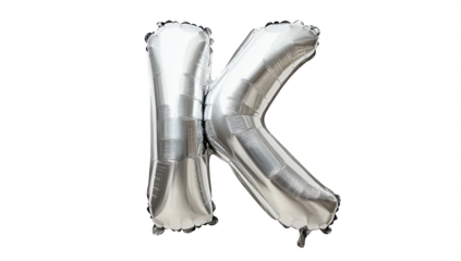 A shiny silver balloon shaped like the letter K floating against a minimalist white background. perfect for celebrations. events. or personalized decorations