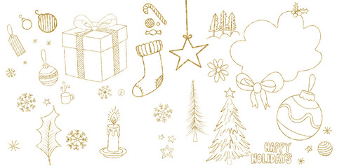 Elegant Gold Christmas and Happy Holidays Line Art Collection on Black Background