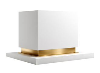 White rectangular podium box with metallic gold base platform for display, isolated on transparent background