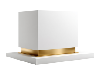 White rectangular podium box with metallic gold base platform for display, isolated on transparent background