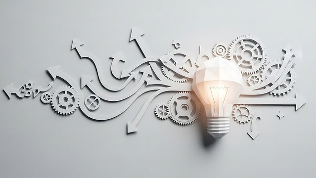 Conceptual lightbulb with gears and arrows representing innovation creativity and strategic direction in a modern design for business and technology solutions