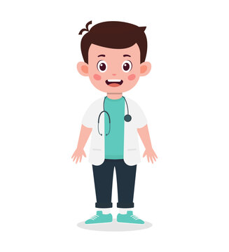 A cartoon boy wearing a white lab coat and stethoscope stands with a cheerful expression.