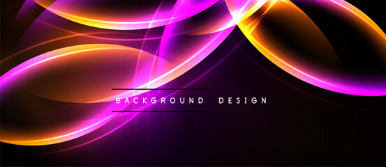 Abstract neon curves, vibrant colors, dark background. Modern design element, dynamic flow, glowing lines create visual impact.