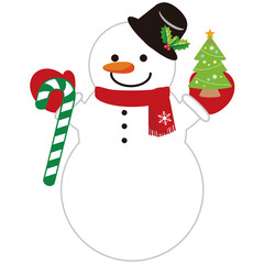 Cute Snowman Character with Christmas Tree and Candy Cane Illustration