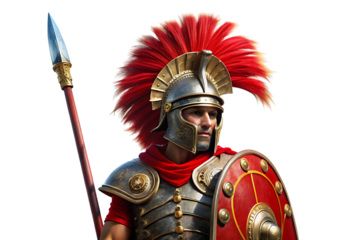 Roman legionary soldier, in full armor with red plumed helmet and shield holding spear, cutout, PNG, isolated on white or transparent background, AI