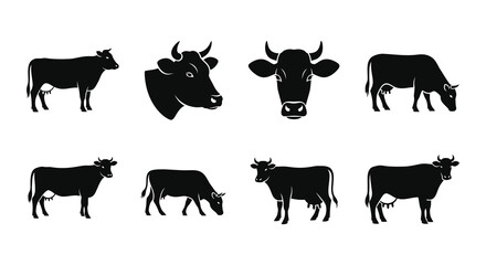 A collection of black silhouette illustrations depicting various cow poses and faces
