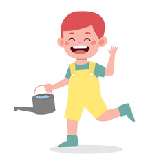 A cheerful red-haired boy in yellow overalls holds a watering can and waves with a smile.