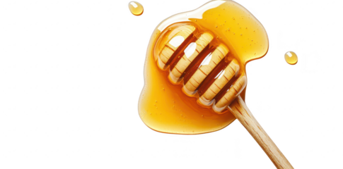 A close-up view of a wooden honey dipper resting on a smooth white surface. with golden honey oozing around it. creating a visually appealing and appetizing scene ideal for culinary use