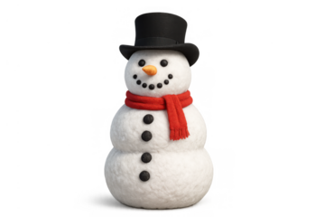 Snowman wearing black top hat and red scarf, celebrating winter holidays and christmas season, transparent background