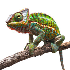 Naklejka premium A colorful chameleon perched on a branch against a white background.