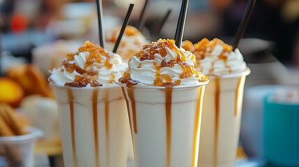 Vanilla milkshake with caramelized sugar toppings at a gourmet outdoor food fair