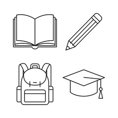 Education Essentials Vector Line Art of an Open Book, Pencil, Backpack, and Graduation Cap for Academic Success