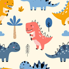 Cute dinosaur seamless pattern for kids fashion and decor.  Vector illustration