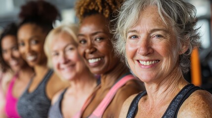 Obraz premium Middle aged women happily preparing for a gym class at a fitness center in the morning sunshine