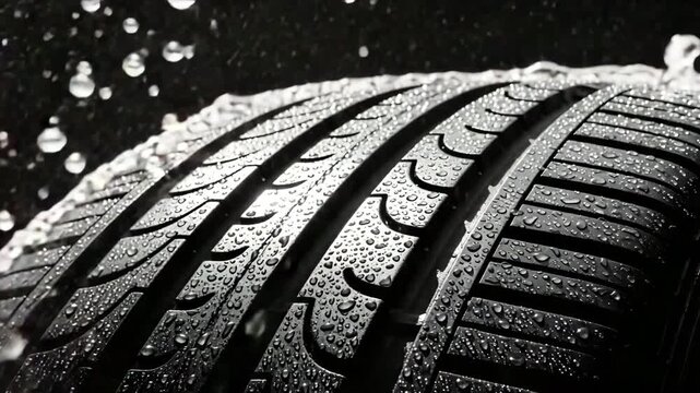 Close up of a wet car tire with water splashing on its surface 4k video