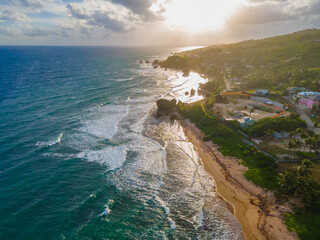 Bathsheba Beach aerial view including mushroom rock in village of Bathsheba, Saint Joseph, Barbados. 