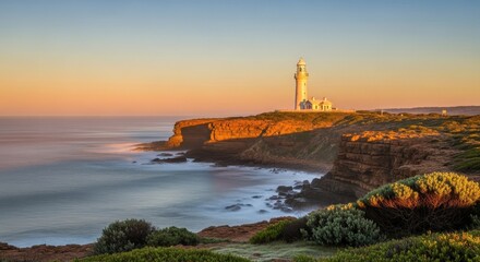 Coastal Sentinel: A Majestic Lighthouse Standing Guard at Sunrise with Ocean Waves