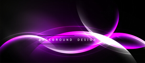 Abstract purple waves over black background. Modern design elements create dynamic visual effect. Smooth curves suggest movement, energy.