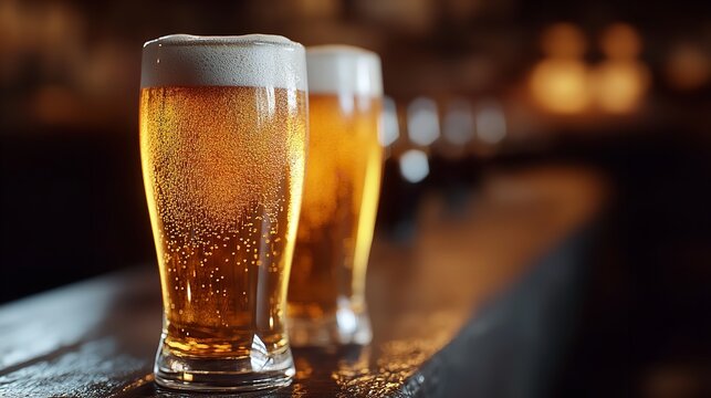 Two glasses of beer on a bar top with foam and bubbles for a refreshing drink and good times at the pub
