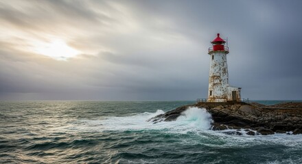 Coastal sentinel: Lighthouse braves turbulent sea under ominous sky at sunset