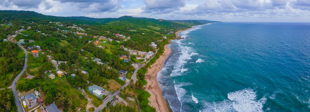 Bathsheba Beach aerial view including mushroom rock in village of Bathsheba, Saint Joseph, Barbados. 