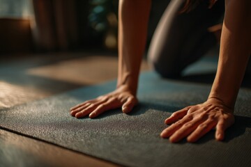 Obraz premium Hands of a female practitioner in sportswear performing yoga on a mat in a cozy room during the late afternoon light