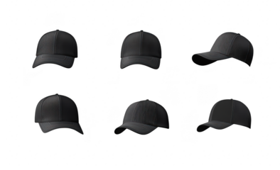 A collection of six black baseball caps displayed in various angles against a clean. white background. ideal for headwear designs or promotional materials