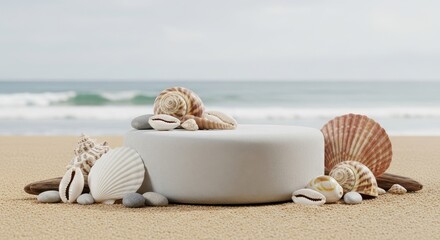 Coastal serenity display showcasing natural elements with seashells and a calm ocean backdrop