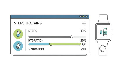 Wearable device displaying fitness and hydration tracking with progress bars and health icons