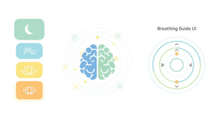 Breathing guide user interface design for meditation and relaxation, featuring a brain illustration and circular visualization