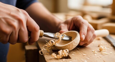 Close-up on carving a wooden bowl with precision tools showcasing traditional woodworking skill