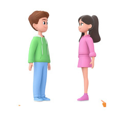Two cartoon characters. a boy in a green hoodie and a girl in a pink dress. standing on a platform facing each other. symbolizing friendship and connection. set against a simple white background