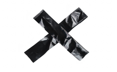 A pair of crumpled black strips crossed over each other on a clean white background. unique textures and shapes. ideal for abstract art or design purposes