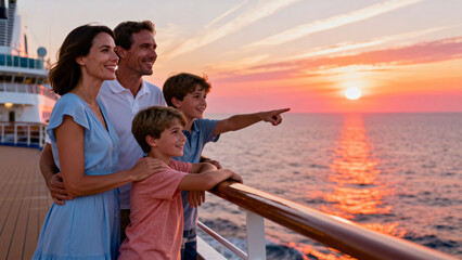 Family on cruise ship at sunset