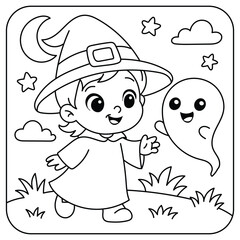 Cute Little Witch with Friendly Ghost – Halloween Coloring Page