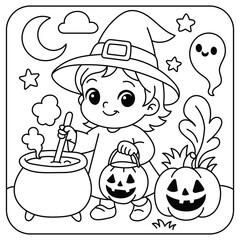 Cute Witch Stirring Cauldron with Pumpkins – Halloween Coloring Page