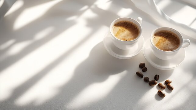 Coffee cups aesthetic morning light flat lay white background coffee beans minimalist photography style shots