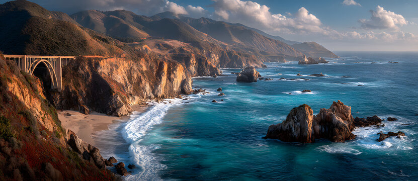 Panoramic view of Bixby Creek Bridge and the dramatic Pacific Ocean coastline, Big Sur, California