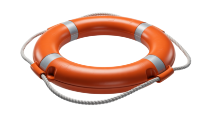 Orange life preserver ring with rope isolated on transparent background