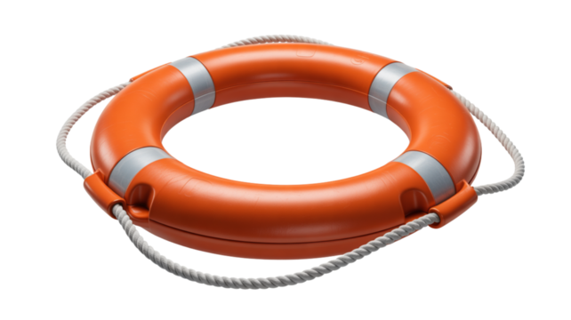 Orange life preserver ring with rope isolated on transparent background