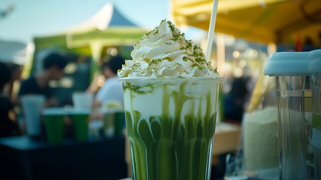Velvety matcha milkshake with whipped cream at an eco friendly outdoor event