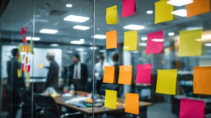 Ideas on Display: A vibrant display of colorful sticky notes adorns a glass surface, while business professionals discuss in the background, creating a visual symphony of thoughts and actions.