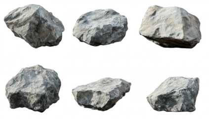 A collection of six realistic. textured rocks displayed from various angles. their natural formations and surfaces. suitable for use in digital landscapes or environmental designs
