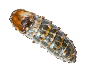 Close-up view of a translucent insect pupa its segmented body and developing features. set against a clean white background. ideal for educational and scientific applications