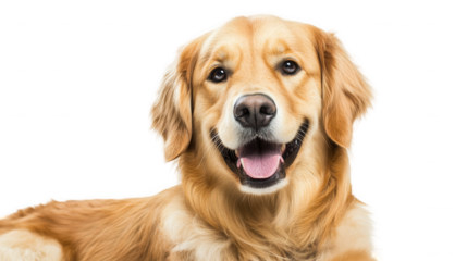 A golden retriever dog with a happy expression lying down against a black background looking at the camera on transparent background